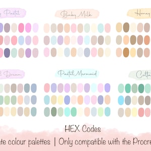May include: An image showcasing six colour palettes, including "Girly Pastel" and "Baby Milk", each with a series of colour swatches. The text "HEX Codes" and "Procreate colour palettes" are also visible in the image.