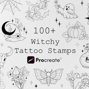 100+ Witchy Tattoo Designs Procreate Bundle, Spooky Halloween Bundle, Procreate Stamp Brushes, Tattoo Stencil Designs