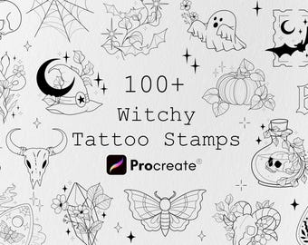 100+ Witchy Tattoo Designs Procreate Bundle, Spooky Halloween Bundle, Procreate Stamp Brushes, Tattoo Stencil Designs