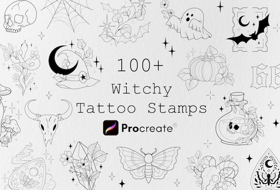 100+ Witchy Tattoo Designs Procreate Bundle, Spooky Halloween Bundle, Procreate Stamp Brushes, Tattoo Stencil Designs