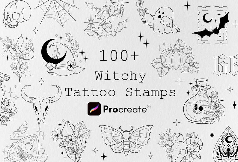 May include: A digital collection of 100+ Witchy Tattoo Stamps for Procreate featuring black line art illustrations of skulls, a spider web, a witch hat, a ghost, a bat, a pumpkin, a bull skull, a moth, crystals, and floral elements.