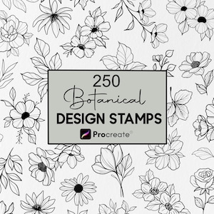 May include: A collection of black and white line art illustrations featuring various flowers and leaves. A central gray rectangular box contains the text 250 Botanical DESIGN STAMPS and the Procreate logo, indicating a digital brush set.