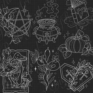 May include: A collection of black  line art illustrations on a black grid background featuring a steaming cauldron, an open book with a ram skull, a pumpkin, mushrooms in a frame, a snake with flowers, and a coffin with vines.
