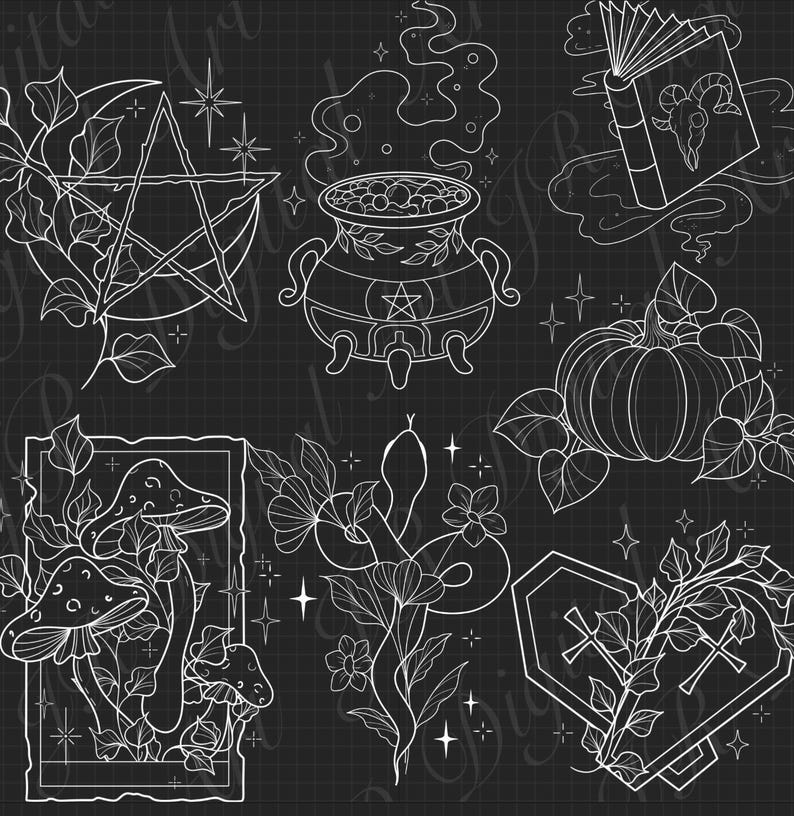 May include: A collection of black  line art illustrations on a black grid background featuring a steaming cauldron, an open book with a ram skull, a pumpkin, mushrooms in a frame, a snake with flowers, and a coffin with vines.
