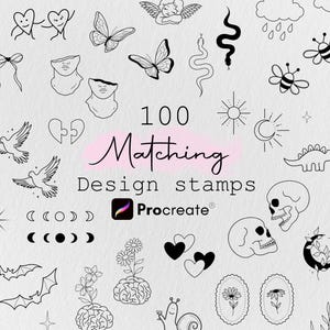 May include: A collection of 100 matching design stamps for Procreate, featuring various black line art illustrations. The designs include butterflies, hearts, skulls, flowers, and celestial elements. The text "Matching Design stamps" is displayed in pink cursive.