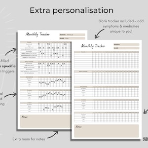 May include: Two printable monthly tracker sheets for tracking eczema triggers. The left sheet is pre-filled with common eczema triggers, while the right sheet is blank for customization. Both sheets feature a visual trend tracking section and a notes section.