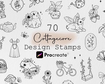 コテージコアデザイン70種類：Procreateスタンプバンドル、ファームハウス風デジタルダウンロード