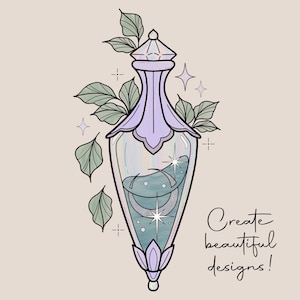 May include: Illustration of a potion bottle with a light purple top and bottom, filled with a swirling blue liquid. Green leaves and stars surround the bottle. The text "Create beautiful designs!" is written in cursive.