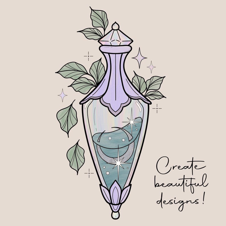 May include: Illustration of a potion bottle with a light purple top and bottom, filled with a swirling blue liquid. Green leaves and stars surround the bottle. The text "Create beautiful designs!" is written in cursive.