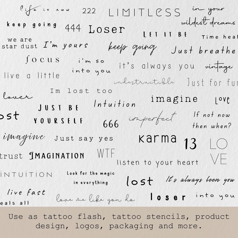Meer dan 350 woorden en citaten als Procreate-stempels; tattoo-flashontwerpen afbeelding 4