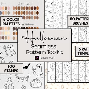 May include: A digital design toolkit titled Halloween Seamless Pattern Toolkit for Procreate. It includes four color palettes, fifty pattern brushes, one hundred stamps featuring ghosts, pumpkins, and skulls, and six pattern templates for digital art.