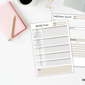 May include: Printable daily and monthly eczema journal tracker. The monthly tracker has sections for triggers, skin care routine, and notes. The daily tracker has sections for date, name, reactions, and skin body part.