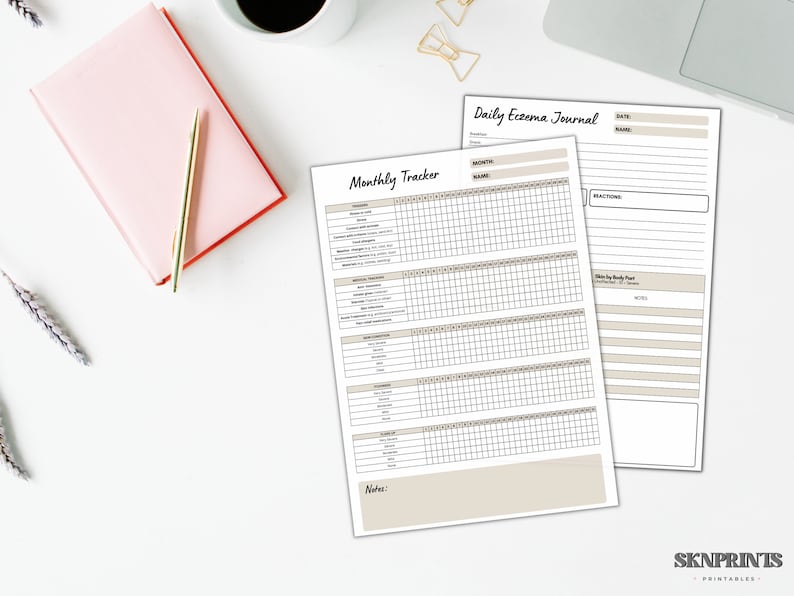 May include: Printable daily and monthly eczema journal tracker. The monthly tracker has sections for triggers, skin care routine, and notes. The daily tracker has sections for date, name, reactions, and skin body part.