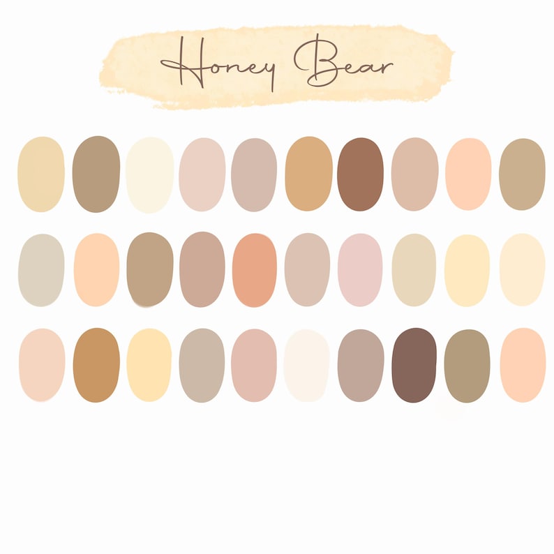 May include: A colour palette featuring 24 oval-shaped swatches in a range of neutral tones, such as beige, brown, and peach. The text "Honey Bear" is written in a cursive font above the swatches, set against a light yellow background.