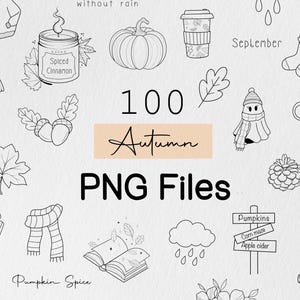 Peut inclure: Illustrations en noir et blanc sur le thème de l'automne, avec des citrouilles, des feuilles et une écharpe. Le texte "100 Autumn PNG Files" est mis en évidence. On peut également lire "Autumn Vibes" et "Pumpkin Spice".