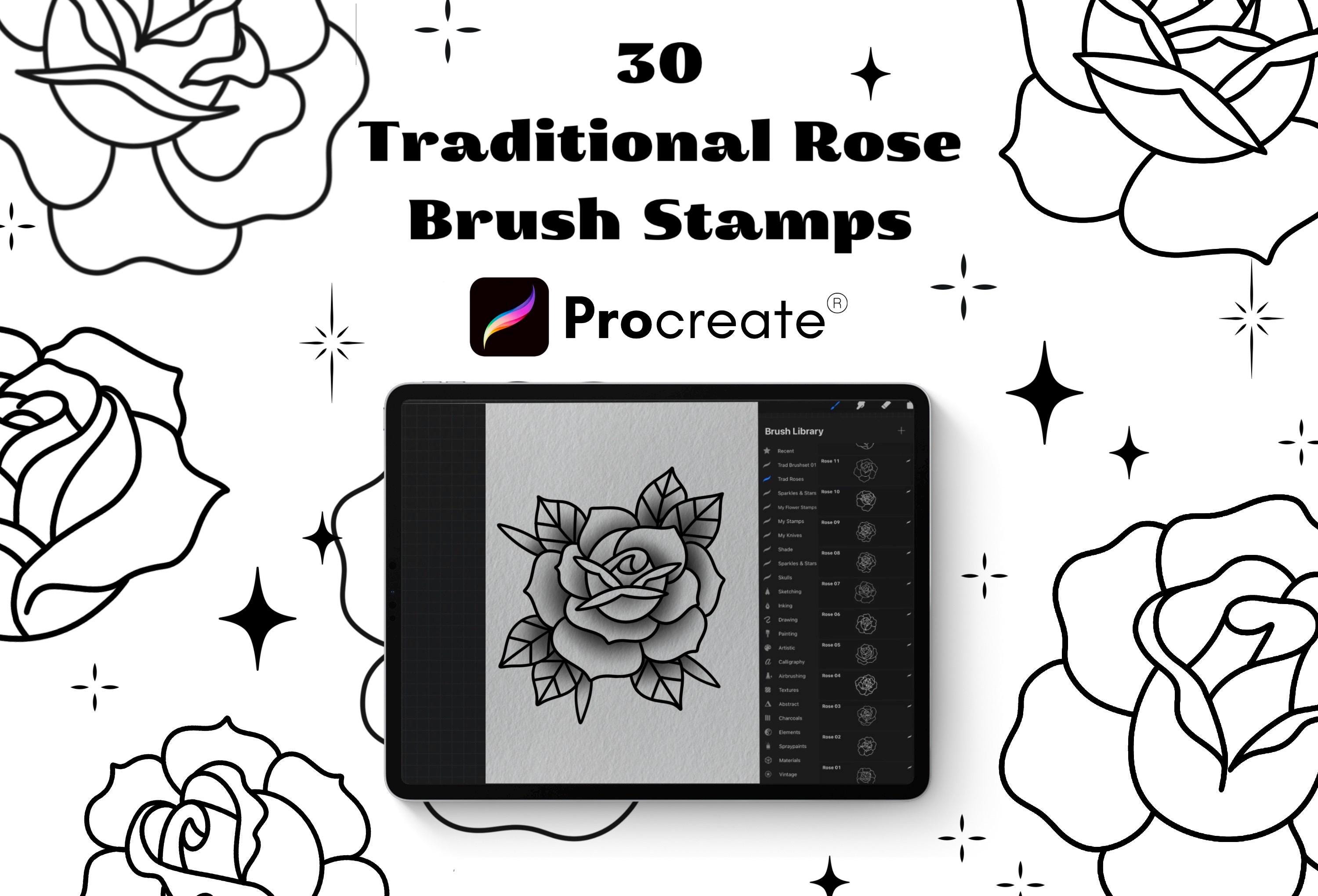 30 Rose Stamps, Rose Tattoo Brushes Procreate Bundle, Tattoo Brush Set ...