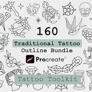 以下が含まれることがあります： Procreate 用の伝統的なタトゥーのアウトラインイラスト 160 個セット。イラストには、ハート、花、ヘビ、スカル、鳥など、さまざまなデザインが含まれています。イラストは白黒で、カスタムタトゥーの作成に最適です。