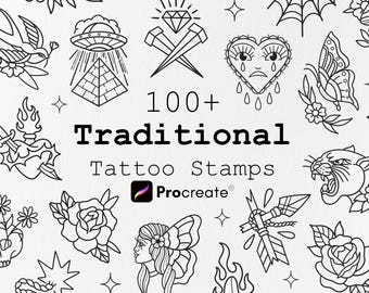 Paquete de más de 100 pinceles tradicionales para tatuajes Procreate, set de pinceles para tatuajes, pinceles para sellos Procreate, diseños de plantillas para tatuajes, pinceles para sellos Procreate