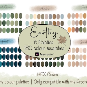 May include: A digital art graphic showcasing six colour palettes with 180 colour swatches, labelled "Botanical Greens", "Nature", "Earthy", "Rainforest", and "Sandstorm". The text "Earthy" is in a central oval with a leaf graphic. The palettes are for the Procreate app.