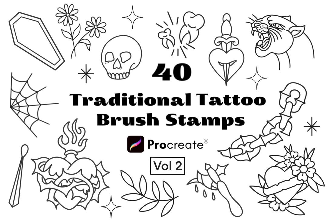 40 Traditional Tattoo Brushes Procreate Bundle, Tattoo Brush Set ...
