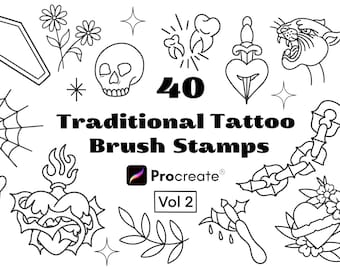Paquete de 40 pinceles tradicionales para tatuajes Procreate, juego de pinceles para tatuajes, pinceles para sellos Procreate, diseños de plantillas para tatuajes, pinceles para sellos Procreate