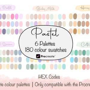 May include: A digital art graphic featuring six pastel color palettes with 180 color swatches. The palettes are labeled "Girly Pastel", "Baby Milk", "Honey Bear", "Pastel Dream", and "Cottagecore". The text "Pastel" and "Procreate" are also visible.