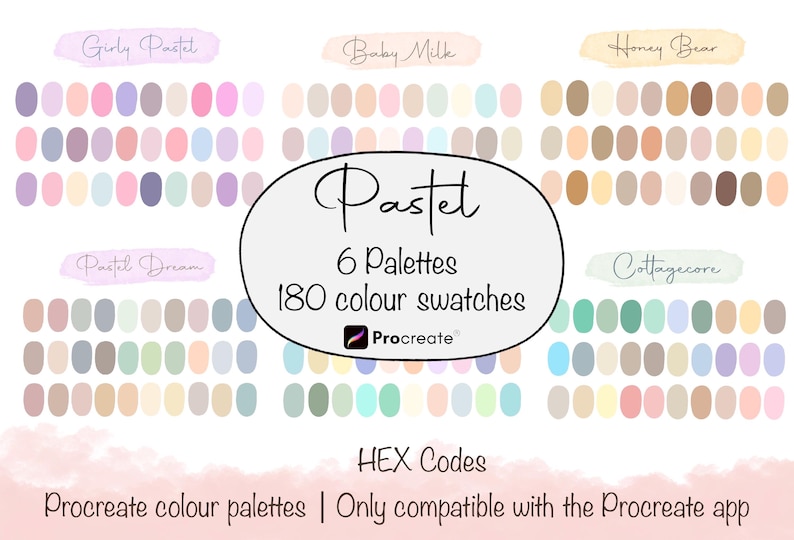 May include: A digital art graphic showcasing six pastel colour palettes with 180 colour swatches. The palettes are labelled "Girly Pastel", "Baby Milk", "Honey Bear", "Pastel Dream", and "Cottagecore". The text "Pastel" and "Procreate" are also visible.