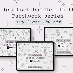Puede incluir: Tres paquetes de pinceles digitales para Procreate, con sellos de tatuajes de la serie Patchwork. Cada paquete se muestra en una tableta, con el texto "Buy 3 get 15% off". Los paquetes incluyen 150+ sellos, 150 sellos y 130 sellos.