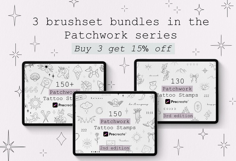 Puede incluir: Tres paquetes de pinceles digitales para Procreate, con sellos de tatuajes de la serie Patchwork. Cada paquete se muestra en una tableta, con el texto "Buy 3 get 15% off". Los paquetes incluyen 150+ sellos, 150 sellos y 130 sellos.