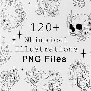 Puede incluir: Ilustraciones caprichosas en blanco y negro en archivos PNG. La imagen presenta más de 120 ilustraciones de varios diseños, incluyendo una calavera, cristales, flores y una luna creciente. El texto "120+ Whimsical Illustrations PNG Files" también está presente.