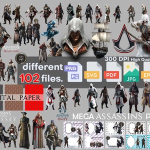 Assassins creed SVG, Assassin's creed PNG, PNG Pack, Sticker, Clipart, Instant Download, digitaal papier, transparante achtergronden, uitnodiging
