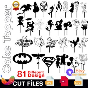 Cartoon Cake Topper Svg LASER DXF EPS , Pokemon dinosaur spiderman frozen mermaid spongebob princess Birthday Cake Topper, Laser cut file