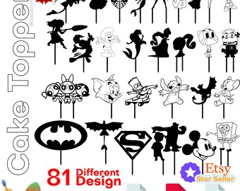 Topper na tort z kreskówek Svg LASER DXF EPS, Pokemon dinozaur spiderman zamrożona syrenka gąbka bob księżniczka topper na tort urodzinowy, plik wycinany laserowo