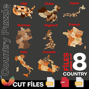 Länder Karte Laser geschnitten svg Datei, USA - China - Japan - Deutschland - England - Frankreich - Italien - Kanada Puzzle Karte Laser geschnitten eps dxf Vorlagen