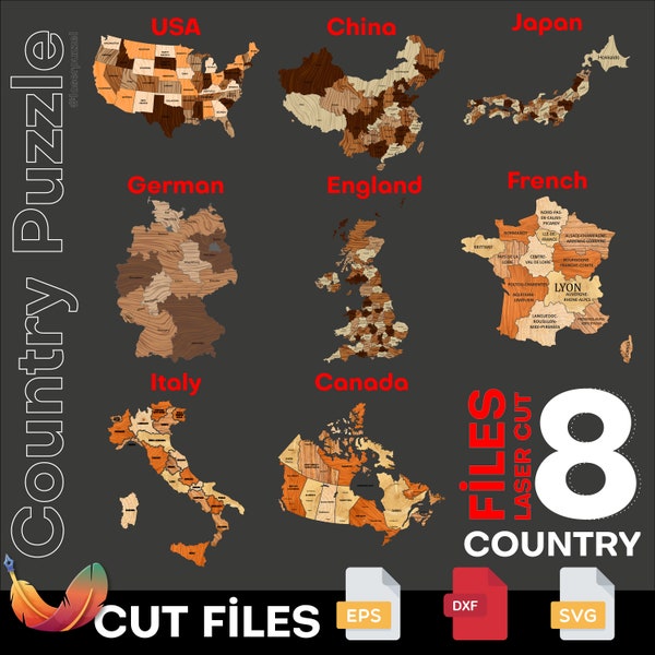 Countries Map laser cut svg file, USA - China - Japan - German - England - France- Italy - Canada puzzle map laser cut eps dxf templates