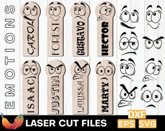 Gepersonaliseerde Lasergesneden bladwijzersjabloon Emoties Bladwijzer SVG Gegraveerde bladwijzer Lasergesneden bestanden Leuke bladwijzerset Glowforge Houten kinderen