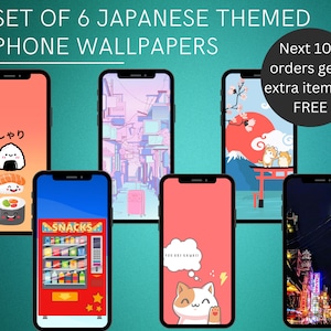 Japanese phone wallpaper set of three. iPhone backgrounds inspired by Japan pop culture. Kawaii wallpaper. Japanese phone background.