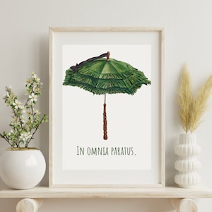 In Omnia Paratus grün Vintage digitales Poster. Geschenke für Mädchen. Gilmore Zitat zum Ausdrucken. Vintage Poster grüner Regenschirm Sammlerstück.