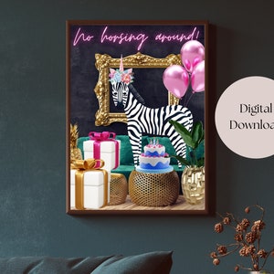 Kein Pferd umher Zebra Digitaldruck. Zebra surrealistische schrullige Wandkunst. Ausgefallenes Poster zum Ausdrucken. Maximalistische Wanddekoration. Einzigartige Illustration