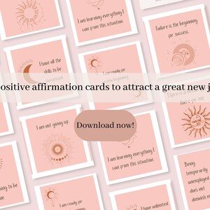 Gesetz der Anziehung positiven Affirmationskarten, um einen neuen Job zu finden. Ziehen Sie eine neue Gelegenheit an. Positive Mindset druckbare Karten. Wachstumsdenken.