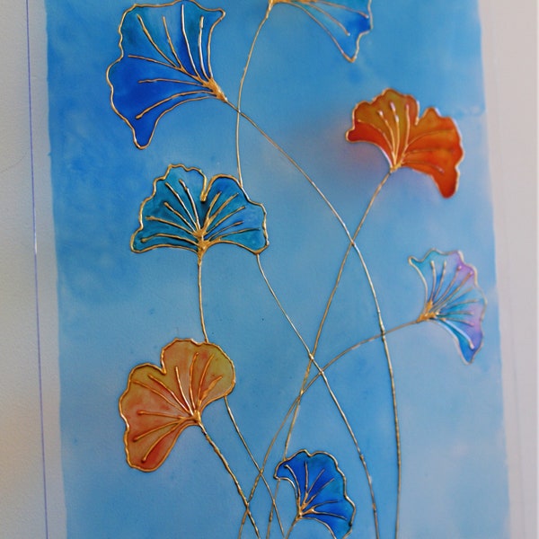 Peinture sur verre imitation vitrail - Feuilles de gingko sur fond bleu