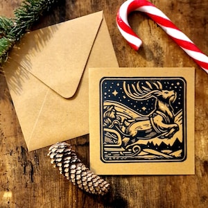 Linogravure originale imprimée à la main - Carte postale de Noël - Père Noël - Traineau - Rennes - Cadeaux