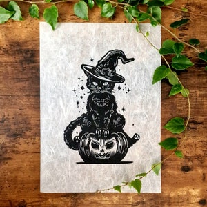 Linogravura original - Salem - Impressão artesanal - Ilustração de bruxaria - Gato preto místico - Arte esotérica - Presente gótico