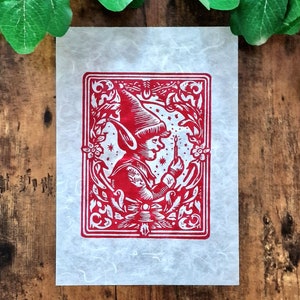 Original hand-printed linocut - Elf with candle - Christmas - Bell