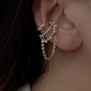 Dainty Pearl Dangling Chain No Piercing Ear Cuff Earrings, Fake Piercing, dangle drop chain ear cuffs, unique earrings, tassel chain for her
