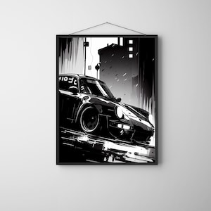 May include: Black and white illustration of a sports car driving down a city street. The car is in focus, while the buildings and street are blurred in the background.