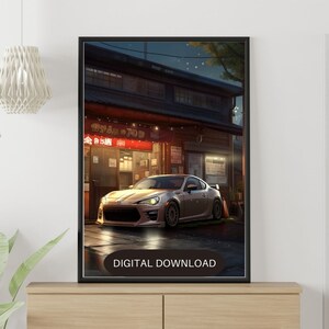 Peut inclure: Téléchargement numérique d'une impression représentant une voiture de sport argentée garée devant un restaurant japonais la nuit. Le restaurant a des enseignes rouges et blanches avec des caractères japonais. La voiture est nette, et l'arrière-plan est flou.