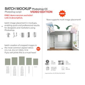 Könnte beinhalten: Ein Mockup eines weißen Raumes mit einem Fenster und einer Tür. An der Wand befinden sich zwei leere Rahmen. Der Text "BATCH MOCKUP Photoshop CC VIDEO EDITION" befindet sich oben im Bild. Der Text "NEW" ist in einem roten Stern. Der Text "Now supports multi image placement!" befindet sich unter dem Stern. Der Text "FREE demo version available! Link in description." befindet sich unter dem Text "BATCH MOCKUP Photoshop CC VIDEO EDITION". Der Text "batch image placement in mockups, enabling quick and professional results for designers and marketers using Photoshop." befindet sich unter dem Text "FREE demo version available! Link in description.". Der Text "batch creation of cropped images in the most common aspect ratios: 2:3, 3:4, 4:5, 5:7 (ISO), 11:14 If you sell prints this is a must have!" befindet sich unter dem Text "batch image placement in mockups, enabling quick and professional results for designers and marketers using Photoshop.". Der Text "NEW" ist in einem roten Stern. Der Text "FREE LIFETIME UPDATES" befindet sich in einem weißen Kreis mit einem Zahnrad-Symbol. Der Text "FREE DEMO MOCKUPS" befindet sich in einem weißen Rechteck. Der Text "SAVE/LOAD SCENARIOS SETTINGS" befindet sich in einem weißen Rechteck mit einem Dokument-Symbol. Der Text "POF MANUAL" befindet sich in einem weißen Rechteck mit einem Dokument-Symbol. Der Text "Supported files: JPG, TIFF, PNG, PSCUPSBPOF" befindet sich unter den Symbolen.