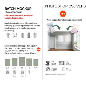 Puede incluir: Una imagen de maqueta que muestra una habitación blanca con una ventana y una puerta. La habitación está vacía, excepto por un marco blanco en la pared. La imagen se utiliza para mostrar cómo se vería un producto en un entorno real. El texto "PHOTOSHOP CS6 VERSION" está en la parte superior de la imagen. El texto "NEW" está en una estrella roja. El texto "Now supports multi image placement!" está debajo de la estrella. El texto "BATCH MOCKUP" está en la parte superior izquierda de la imagen. El texto "Photoshop script" está debajo de "BATCH MOCKUP". El texto "FREE demo version available!" está debajo de "Photoshop script". El texto "Link in description." está debajo de "FREE demo version available!". El texto "batch image placement in mockups, enabling quick and professional results for designers and marketers using Photoshop." está debajo de "Link in description.". El texto "batch creation of cropped images in the most common aspect ratios: 2:3, 3:4, 4:5, 5:7 (ISO), 11:14 If you sell prints this is a must have!" está debajo del texto "Photoshop". El texto "NEW" está en una estrella roja. El texto "FREE LIFETIME UPDATES" está en un círculo blanco con un icono de engranaje. El texto "FREE DEMO MOCKUPS" está en un rectángulo blanco. El texto "SAVE/LOAD SCENARIOS SETTINGS" está en un rectángulo blanco con un icono de documento. El texto "PDF MANUAL" está en un rectángulo blanco con un icono PDF. El texto "Supported files: JPG, TIFF, PNG, PSD, PSB, PDF" está debajo de los iconos.