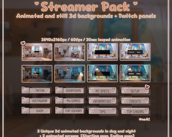 Conjunto de fondos animados para oficina acogedora / Estética tranquila de día y de noche / Superposición retro para VTubers, Twitch y YouTube + 28 paneles